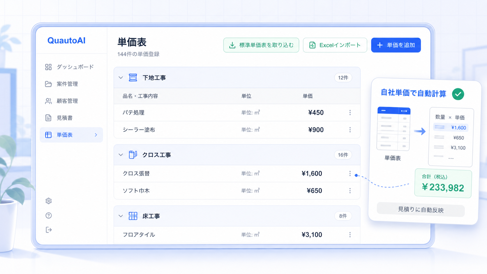 QuautoAIの自社単価マスタを表したイラスト
